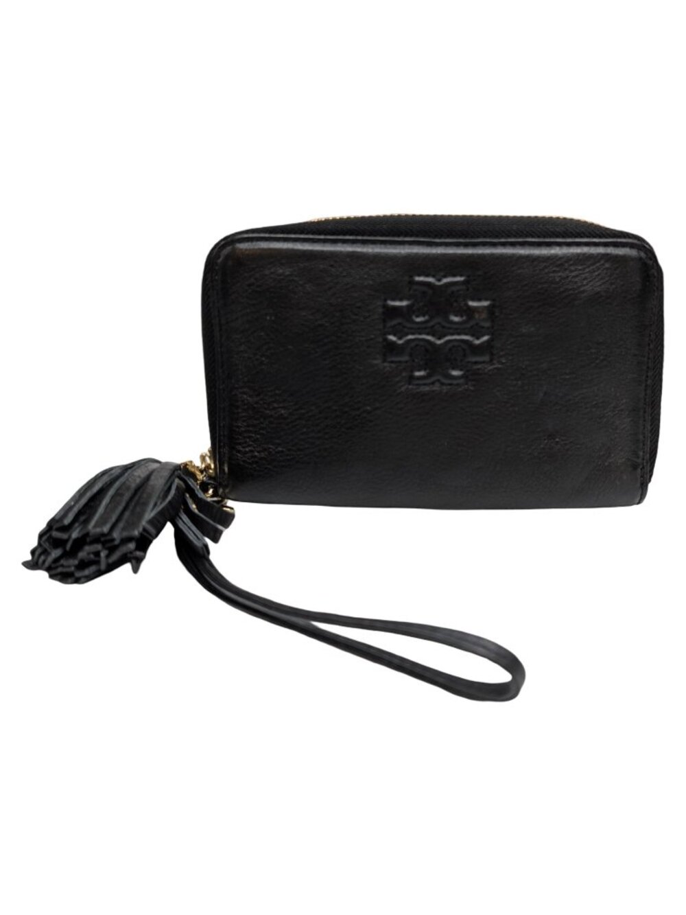 Tory Burch Thea Wristlet Wallet Womens Black Leather Tassel Zip Around